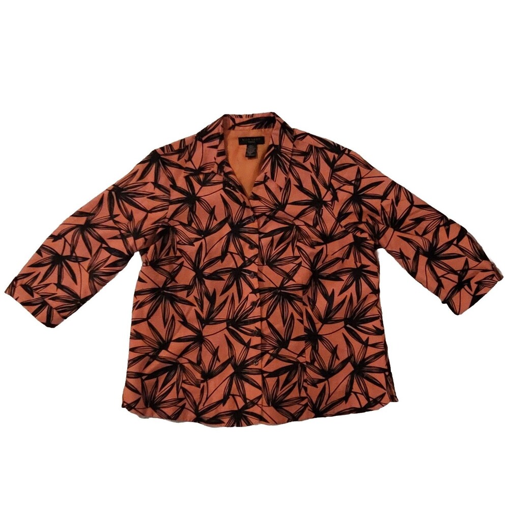 Silkland Jacket Womens Size 1X 100% Silk Leaf Print Beaded Shirt Rust Black